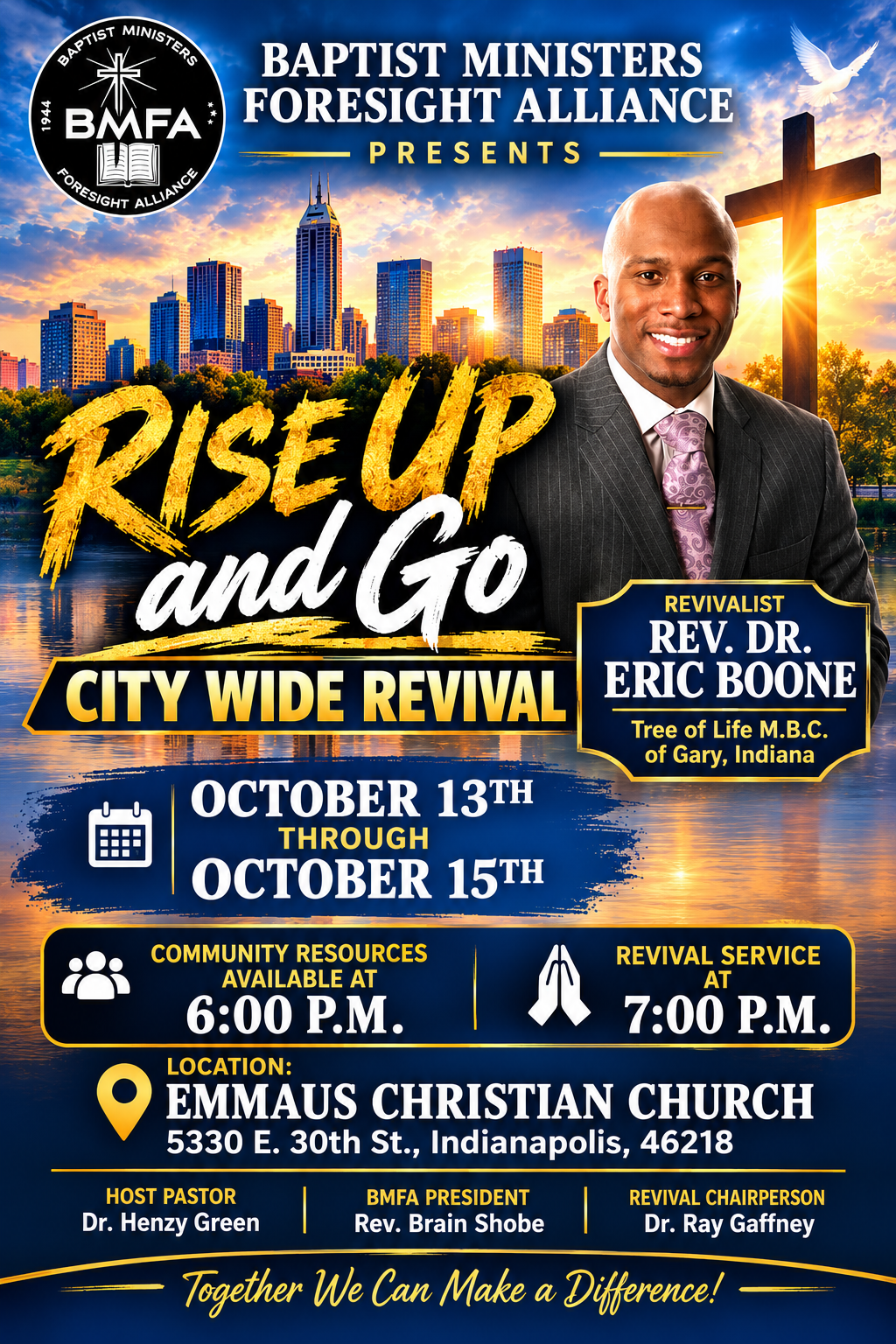 Rise Up and Go City Wide Revival flyer — October 13–15, 2026 at Emmaus Christian Church, Indianapolis